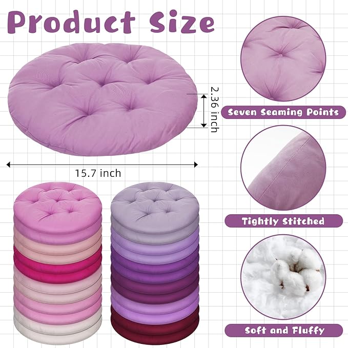 Tinideya 24 Pcs Round Floor Cushions Floor Pillows Meditation Seat Pillows Flexible Seating for Adults Kids, Chair Cushions for Classroom, Nursery, Living Room, Yoga(Medium 15.7 Inch,Pink-Purple)