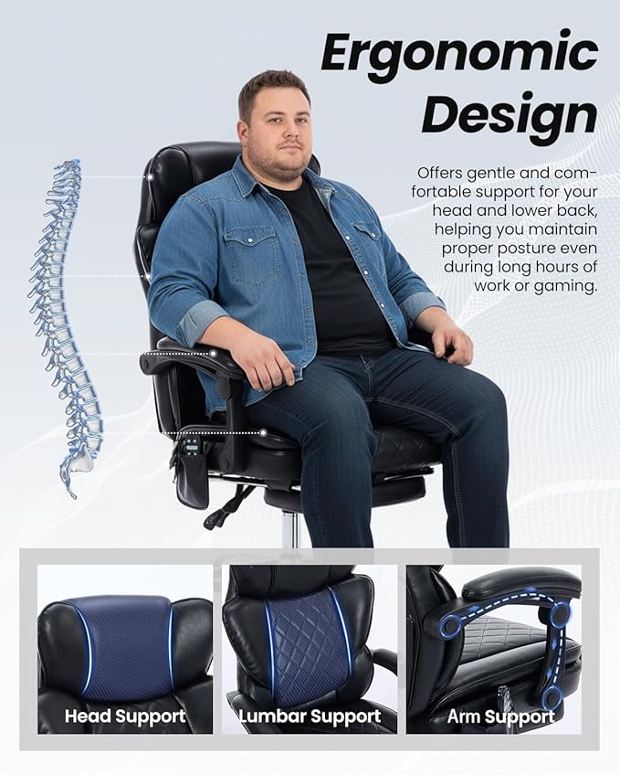Massage Chair with Footrest and Wider Upholstered Seat, Ergonomic Executive Vibration & Heat Office Chair for Heavy People, Big and Tall Reclining Desk Office Chair for Home Office, Black