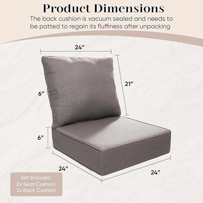 Luxury Outdoor Seat Cushion Set-24 x 24 x 6 Inch Outdoor Chair Cushions with Water Resistant & Removable Cover Outdoor Cushions for Patio Furniture Chair Sofa Couch