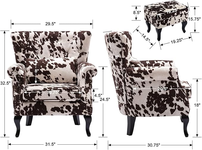 Janoray Mid Century Modern Accent Chair Upholstered Armchair Comfy Velvet Tufted Wingback Single Sofa with Ottoman for Bedroom Living Room, Cow