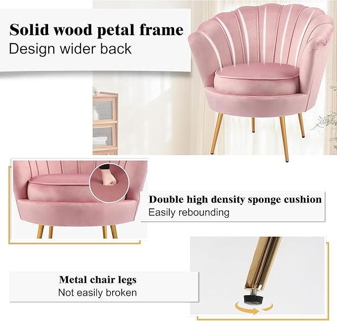 DAGONHIL Mid Century Modern Upholstered Accent Chair,Petal Vanity Chair,Retro Leisure Velvet Single Sofa with Golden Metal Legs for Living Room/Bedroom(Light Pink)