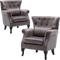 DM Furniture Set of 2 Mid-Century Modern Accent Chair, Velvet Armchair w/Tufted Back/Wood Legs, Upholstered Lounge Arm Chair Single Sofa for Living Room Bedroom, Grey