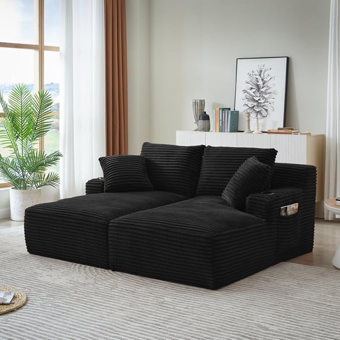 71" Oversized Double Chaise Lounge Sofa Indoor Boneless Sleeper Daybed, Fluffy Corduroy Upholstered Compressed Cloud Couch Loveseat Sofabed, Floor Chair w/Cupholders, Side Pockets for Living Room