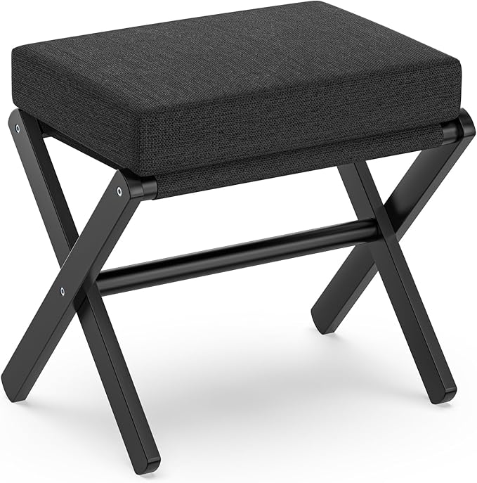 Foldable Foot Stool Ottoman, Modern Foot Rest with Bamboo X Legs & Thick Foam Cushion, Folding Foot Stools Small Padded for Bedroom Living Room, Footstool for Chair Couch (Black - Black)