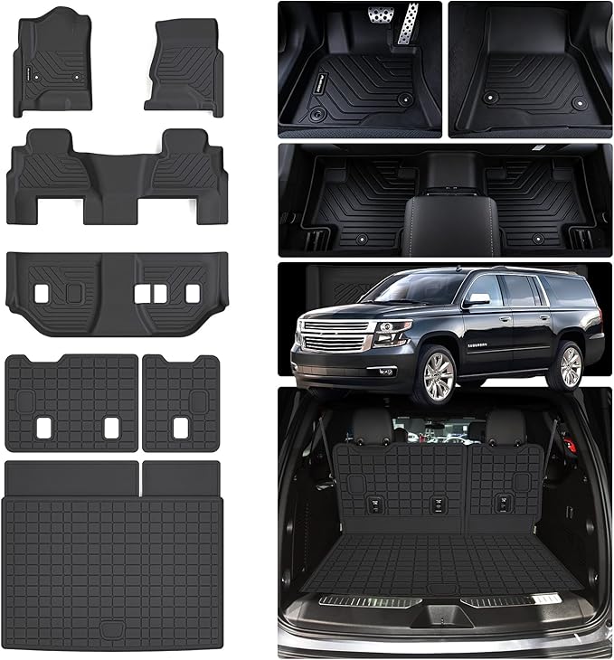 Floor Mats for 2015-2019 2020 Chevy Chevrolet Suburban/GMC Yukon XL 8 Seats (Not for Yukon) (2nd Row Bench Seats) & Cargo Mat & Backrest Mat,TPE All Weather Protection Full Set Accessories