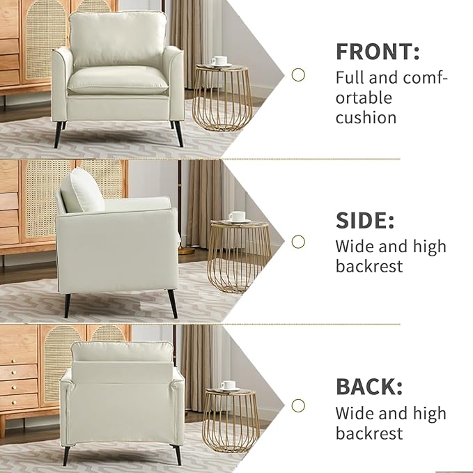 YISHENG Mid-Century Modern Living Room Accent Chairs Set of 2 - Oversized Faux Leather Armchairs with Removable Cushions & Metal Legs, Comfortable Sofas for Office/Lounge/Bedroom/Reception,Cream