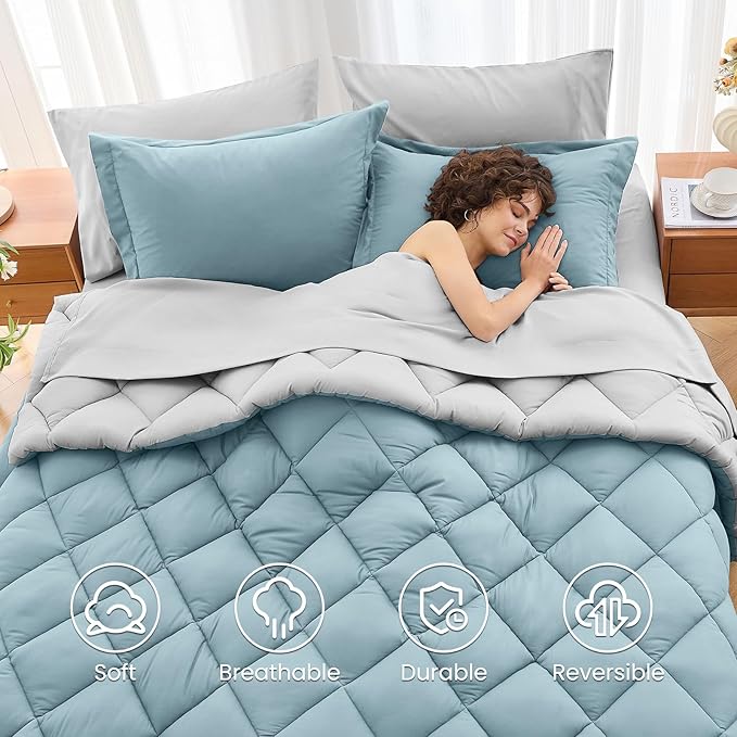 MUXHOMO 5 Pieces Twin Comforter Set, Reversible Bed in a Bag Twin Size, All Season Bedding Set with Comforter, Flat Sheet, Fitted Sheet, Pillowcases & Shams, Greyish Blue & Light Grey