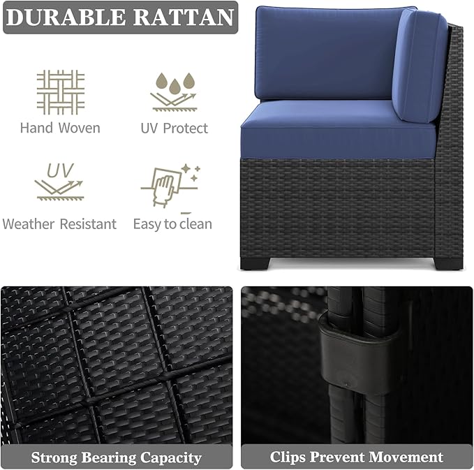 LayinSun 7 Pieces Patio Furniture Set with Fire Pit Table, Black Rattan Modular Sectional Patio Conversation Sofa Set