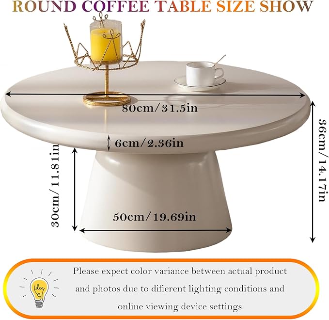 31.5in Cream White Coffee Table, Mid-Century Minimalist Round Low Floor Tea Table, with 19.69in Sturdy Pedestal, for Small Space (Cream White 31.5in)