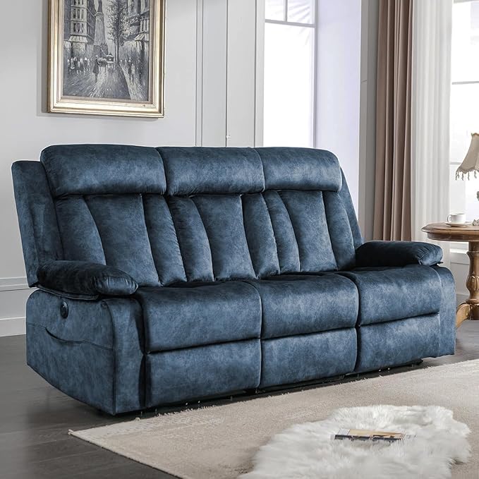 Power Reclining Sofa with Massage & Heat, USB & Type-C Ports, Drop-Down Tray Table, Cup Holders, Storage Pockets, Power Reclining Couch/Reclining Sofa 3 Seat, for Living Room, RV，Media Room 82" Blue