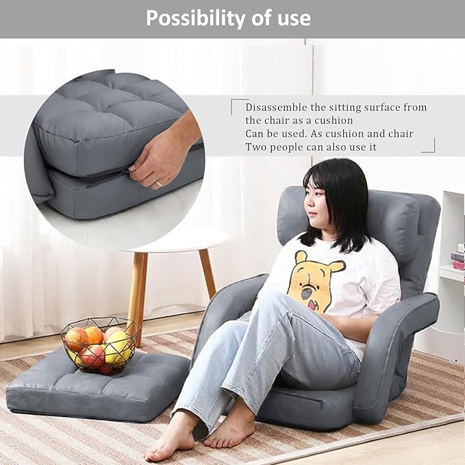 FLOGUOR 14-Position Adjustable Floor Chair, Chaise Lounge Indoor, Folding Lazy Sofa with Armrests and a Pillow Padded Adults Gaming Chairs for Living Room, Bedroom Factory Price,8803 (Grey（PU）)