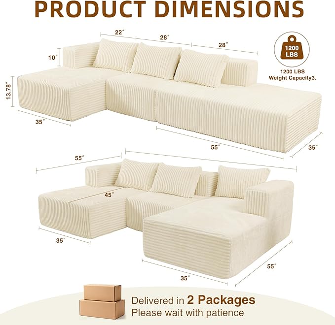 Favoduerme 117” Modular Sectional Cloud Couch with L-Shape Chaise Lounge, Boneless Convertible Sofa for Living Room, Corduroy 4-Seater Couch, No Assembly Required, Cream Beige, Left Facing Chase