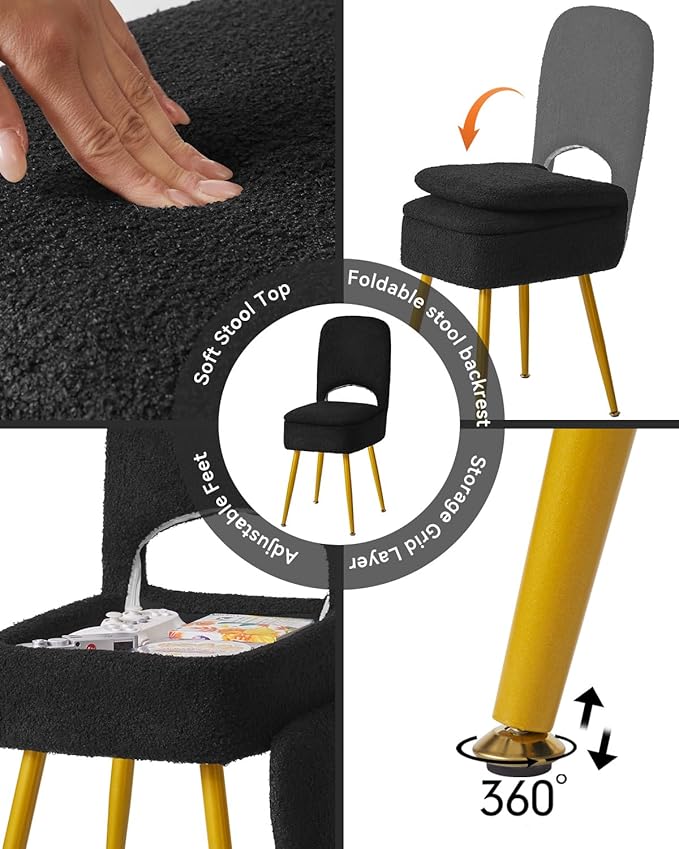 IBUYKE Small Storage Vanity Stool with Folding Backrest, 12.99" x 13.78" x 31.5" Square Teddy Velvet Ottoman, Makeup Chair for Living Room, 4 Metal Legs with Anti-Slip Feet, Black WBD027B