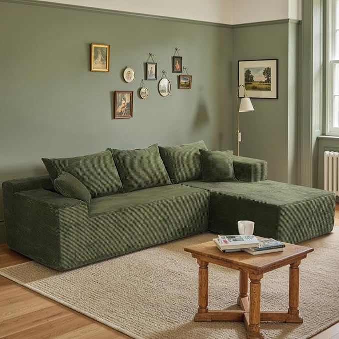 Sectional Cloud Boneless Couch for Living Room Bedroom, Comfy Modern L Shaped Modular Sofa with Right Facing Chaise, Deep Seat Memory Foam Couch in Box, No Assembly (Fine Striped Corduroy, Green)