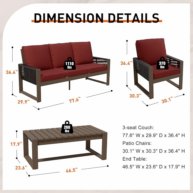 INTER HUT Rustic Hideaway Natural Cedar Wood Outdoor Furniture Set, Wicker Patio Conversation Set for Porch Garden Backyard, Couch, 2 Patio Chairs and Coffee Table, 4 Piece, Brownish/Red
