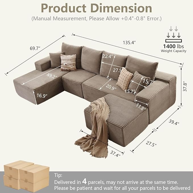 Lakifun 135" L-Shape Sofa with Ottoman, Modern Modular Sectional Comfy U-Shape Cloud Couch, Deep Seat, Upholstered Corduroy Sleeper Chaise Longue for Living Room Bedroom, No Assembly Required, Camel