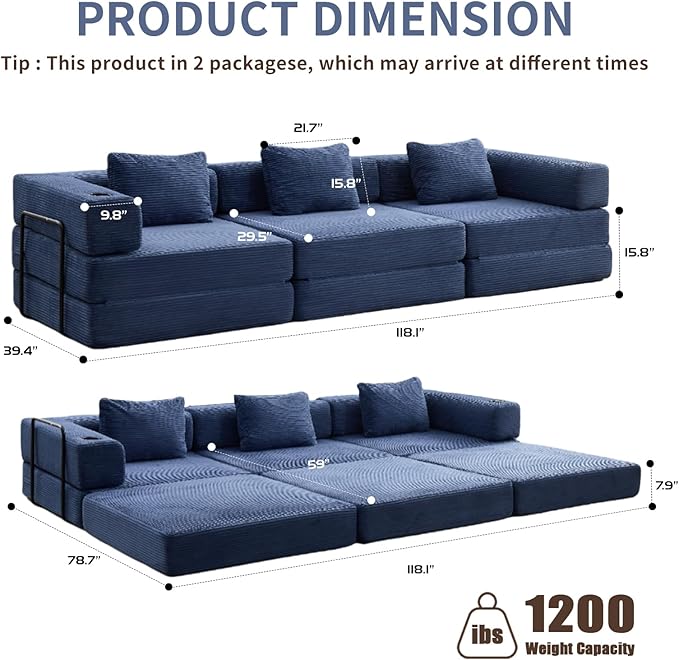 118" Oversized Convertible Floor Sofa Bed, Boneless Foldable Mattress Cloud Couch with Pillow Back & Armrest, Fold Out Floor Couch with Cup Holder for Living Room Bedroom Lounge, Corduroy, Navy Blue
