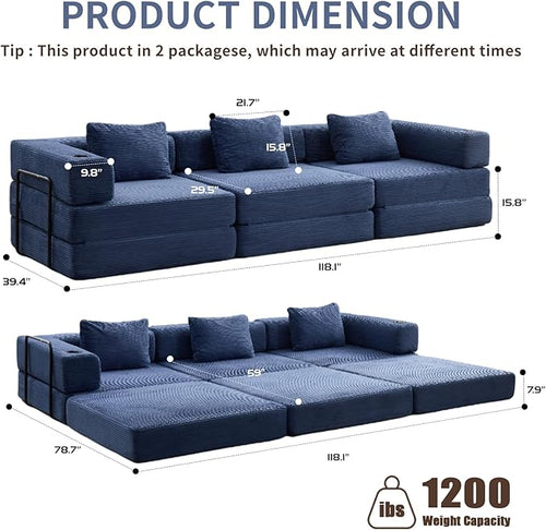 118" Oversized Convertible Floor Sofa Bed, Boneless Foldable Mattress Cloud Couch with Pillow Back & Armrest, Fold Out Floor Couch with Cup Holder for Living Room Bedroom Lounge, Corduroy, Navy Blue