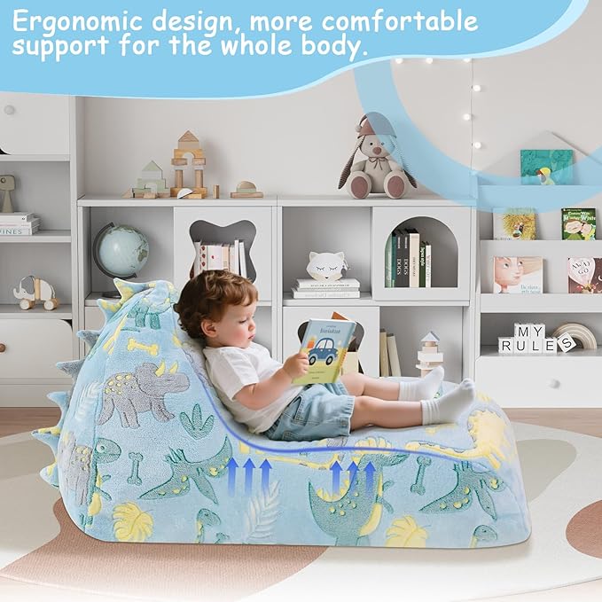 COMAX Dinosaur Bean Bag Chairs for Kids, Kid Beanbag Chair with Filler, Toddler Lounge Bean Chair, Children Lazy Floor Lounger for Girls Boys, Glowing Blue Dino