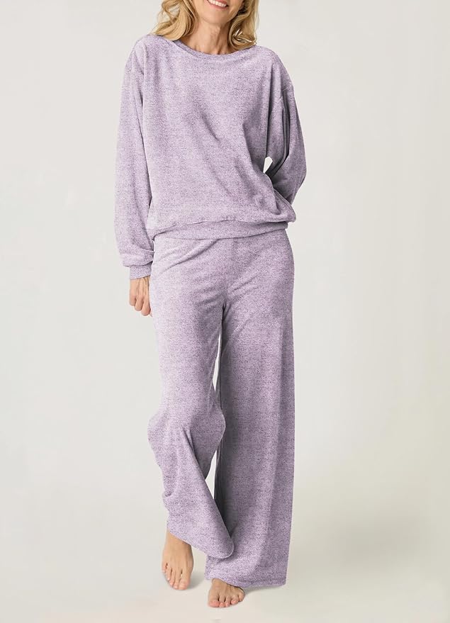 Aamikast Women's 2-Piece Lounge Set Soft Brushed Jersey Sleepwear Pajamas Set Long Sleeve Top & Wide Leg Pants