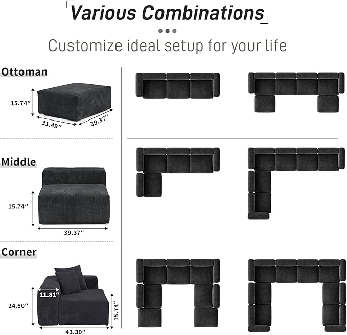 WJShome Cloud Couch Modular Sectional Sofa,181.1inch U Shaped Couch,Oversized Corduroy Couches with Ottoman and 6 Pillows,Black 6 Seater,Cushion Covers Removable& Washable