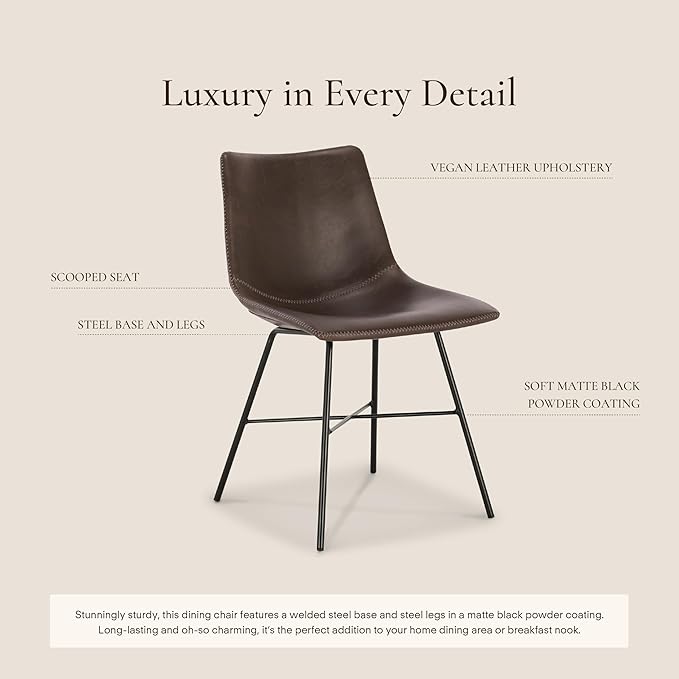POLY & BARK Paxton Leather Dining Chairs – Set of 2 Modern Dining Room Chairs with Low Back – Faux Leather Upholstery and Matte Black Steel Base – Comfortable Seating for Stylish Interiors – Brown
