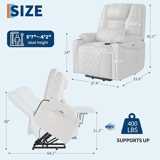 Power Lift Recliner Chair, Easy Lift Assist for Elderly, 3-Position Recline, Storage Pockets & Cup Holders, USB Charging Ports, Remote Control Operation, Living Room or Bedroom Comfort, White