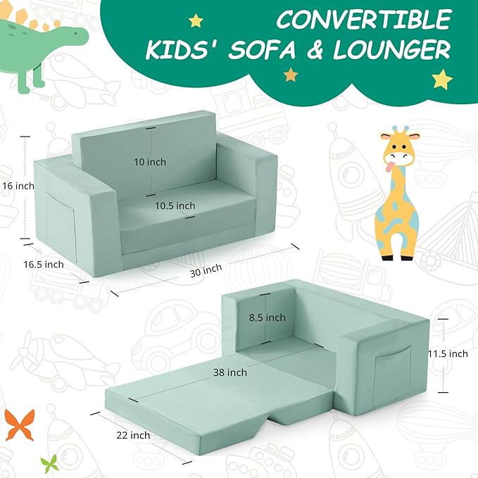 Kids Couch, 2-in-1 Toddler Chair Comfy 1-3 Years, Convertible Kids Chair, Toddler Couch That Fold Out, Kid Lounge Chairs for Boys and Girls, Soft Coral Fleece, Double, Teal
