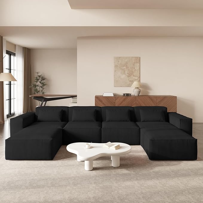 JACH U-Shaped Cloud Sectional Couch, 149" Huge Plus Modular Sofa, Modern Comfy Cloud Couches with Reversible Chaise Ottoman, Sofas Furniture for Living Room, Office, Apartment, Black