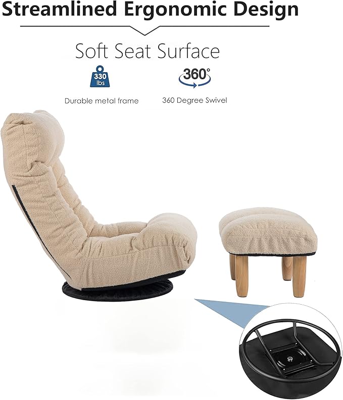 360° Swivel Floor Chair Single Lazy Sofa Leisure Balcony Reclining Japanese Tatami Adjustable Recliner with Ottoman for Living Room, Bedroom, Indoor Use (Footstool, Beige)