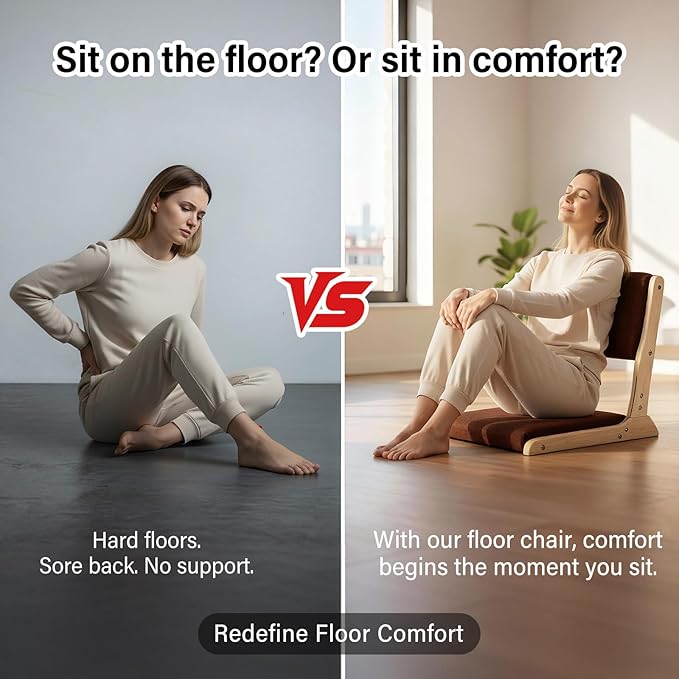 Tiita Floor Chair with Back Support, Foldable Meditation Tatami Chairs, Backrest Chair with Cushion, Living Room Chair Seat 4 Pack, Wood Brown