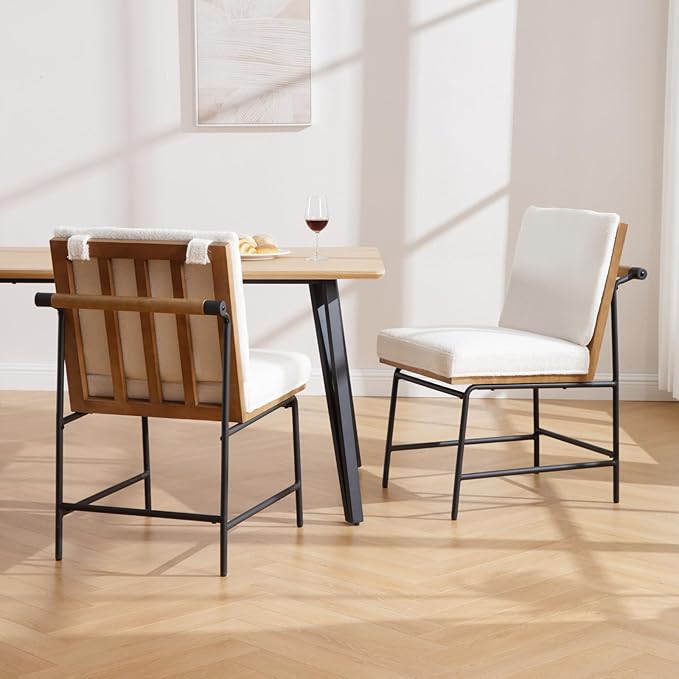 LukeAlon Mid Century Sherpa Dining Chairs Set of 4, Upholstered Square Back Kitchen Chairs with Metal Legs Armless Parsons Chairs with Wood Frame for Dining Room Reception Room, White