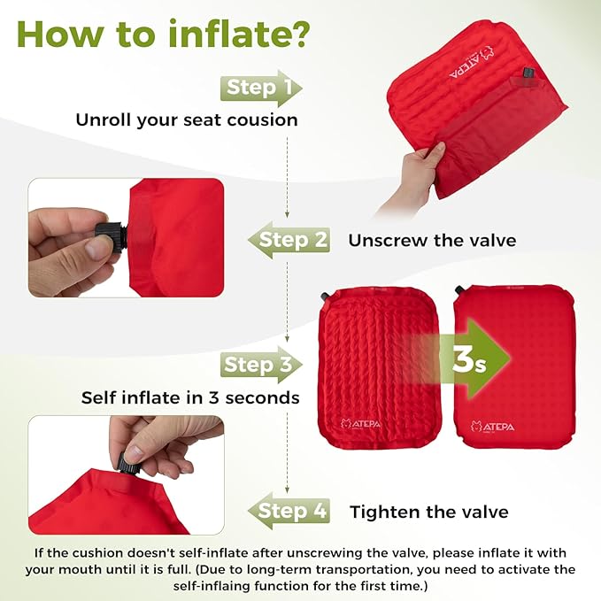 ATEPA Inflatable Seat Cushion, Self-Inflating Portable Stadium Airplane Travel Foam Cushion Pad for Camping, Sports Events, Outdoor