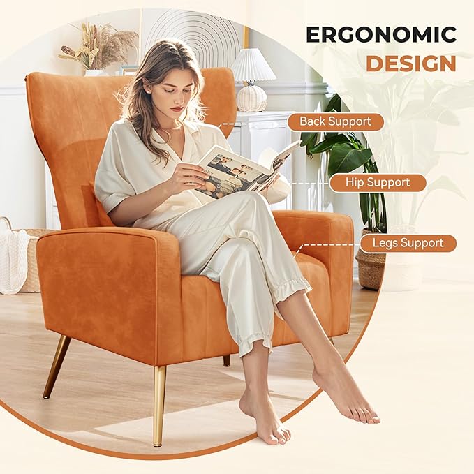 Nalupatio Modern Accent Chairs for Set of 4 Upholstered Velvet Fabric Reading Chair Mid Century Arm Chair Comfy Armchair for Living Room,Orange