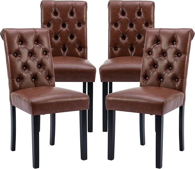 chairus Dining Chairs Set of 4 Mid Century Modern Living Room Chairs with Button Tufted High Back PU Leather Armless Chair Comfy Upholstered Side Chairs for Kitchen/Restaurant/Bedroom, Brown