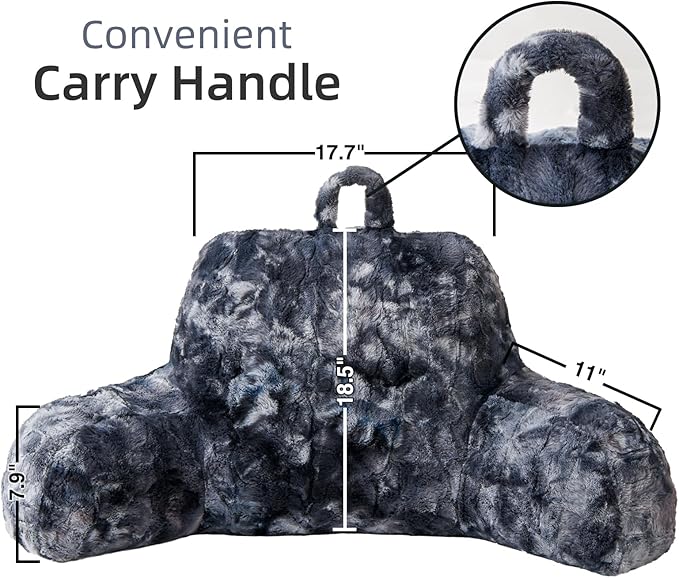 A Nice Night Faux Fur Soft Reading Pillow Bed Wedge Adult Backrest with Arms Back Support for Sitting Up in Bed/Couch for Bedrest,Tie Dyed Gray,Large