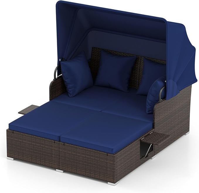 RELAX4LIFE Wicker Patio Outdoor Daybed, Rattan Day Bed Lounger w/Loveseat & Storage Ottoman, Sunbed Sofa Set w/Cushions, 4-Level Adjustable Backrest & 2 Retractable Trays (Navy-Mix Brown)