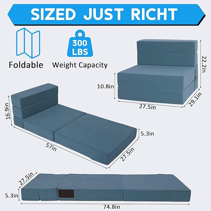 Folding Sofa Bed with Backrest 4 in 1 Convertible Sleeper Chair Memory Foam Fold Out Chair Bed Foldable Mattress Portable Floor Futon Sofa Couch for Living Room/Dorm/Guest Room/Home Office
