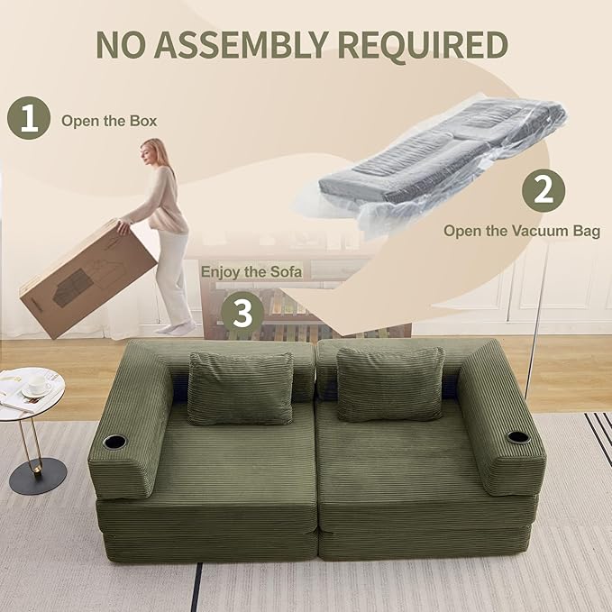 78" Loveseat Sleeper Sofa, 4 in 1 Convertible Floor Sofa Bed, Boneless Cloud Couch with Cup Holder, Fold Out Floor Couch for Living Room Bedroom Lounge, Corduroy, Olive
