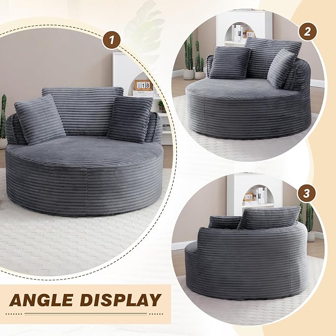 53"W Oversized Round Chaise Longue Chair Indoor,Corduroy Fluffy Comfy Cloud Chair,Circle Bean Bag Sofa with Foam Filling & Pillows,Boneless Reading Cozy Sofa Chairs for Living Room,Bedroom,Grey