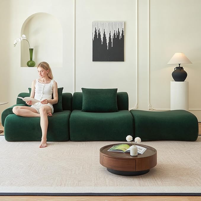 Boneless Couch for Living Room-114 Green Cloud Couch with Movable Ottoman,L-Shaped Comfy Sofa for Bedroom,No Assembly Required,Low -Profile Sofa