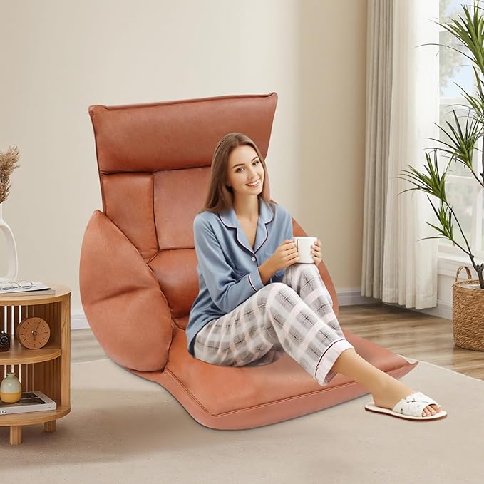 Foldable Floor Lazy Sofa, Adjustable Lazy Sofa Floor Chair with 5-Position Headrest, Ergonomic Foldable Floor Seating with Armrests and Lumbar Support, for Living Room, Bedroom, Office (Coffee)