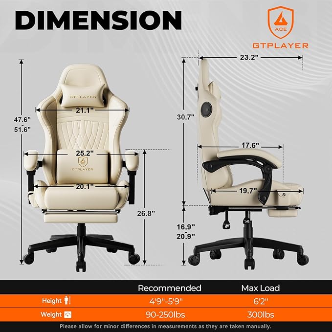 GTPLAYER Gaming Chair with Speakers, Video Game Chairs with Footrest, PC Game Chairs for Adults - Padded High Back Ergonomic Reclining Silla Game, Linkage Armrest, Ace Pro, Cream