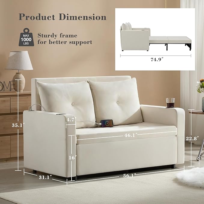 Krcix 3 in 1 Pull Out Couch, 56 Inch Velvet Sofa Bed, Convertible Loveseat Sleeper Sofa for Living Room, Small Space, Upholstered Couch Bed with USB, Cup Holder(Beige)