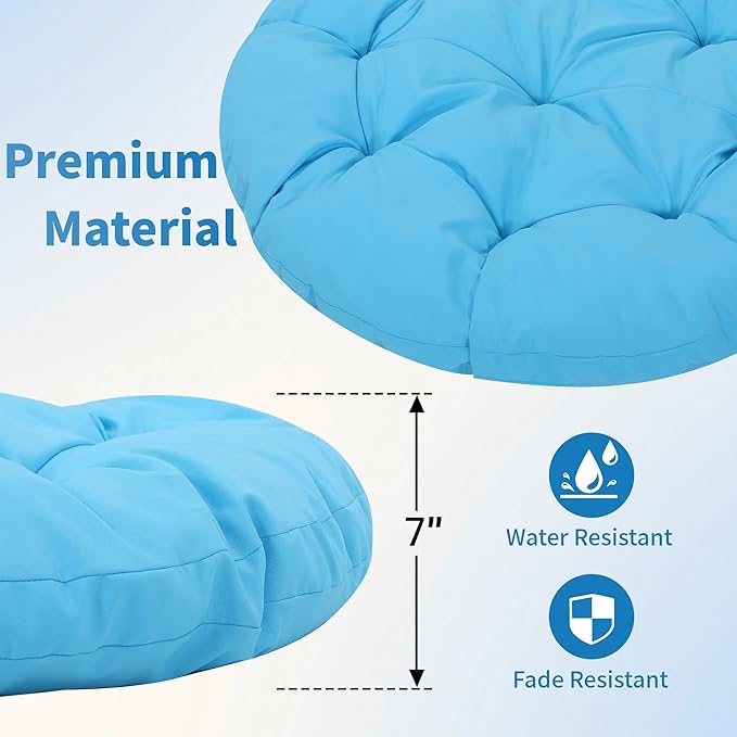 Kromax 40" Ergonomic Wicker Papasan Chair, 360° Swivel Round Egg Chair with Soft Thick Cushion, Indoor Outdoor Use for Living Room, Bedroom, Reading Room, Black Frame with Blue Cushion