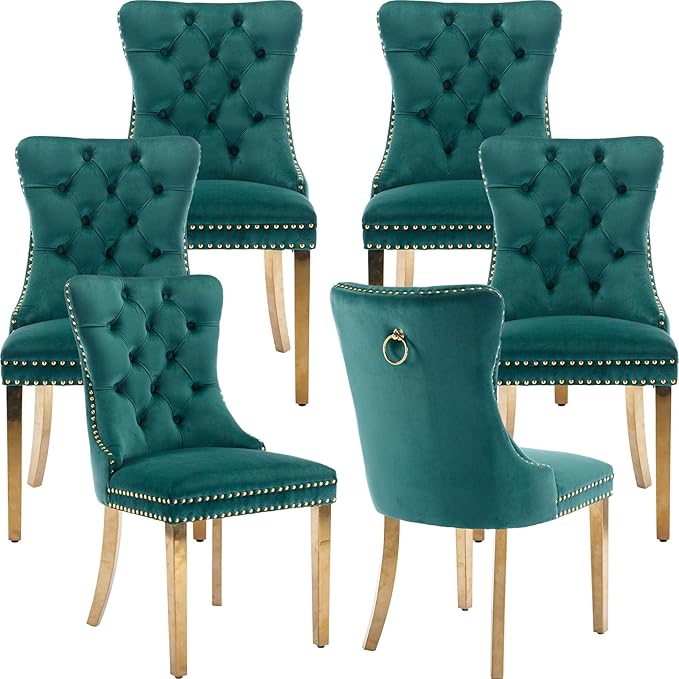 YeahFurn Mid Century Modern Dining Chairs Set of 6, Green Velvet Upholstered Tufted Back, Kitchen & Dining Room Chairs, Gold Metal Legs, Nailhead Trim, Sillas para Comedor (Green, 6 Pcs)