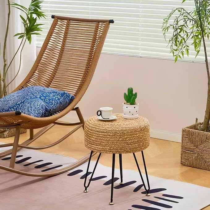 Wimarsbon Ottoman Pouf Handmade Natural Water Hyacinth,Round Footrest with 4 Metal Legs,Vanity Stool for Bedroom,Hallway,Living Room (Primary)