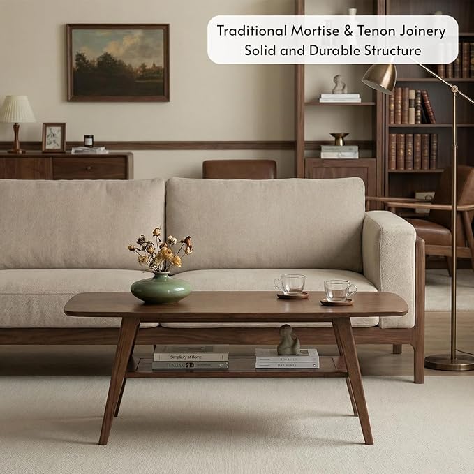 Hymus Solid Wood Coffee Table - 2-Tier Modern Center Table, Living Room Tables with Double Storage for Living Rooms, Bedrooms, and Offices (Walnut, 39.37" D x 19.69" W x 17.32" H)