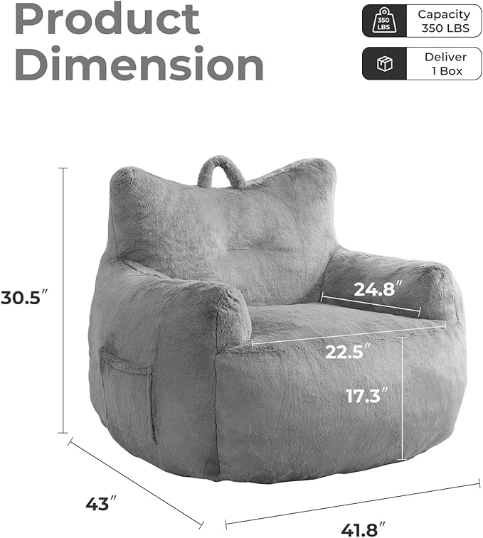 Giant Bean Bag Chair for Adults, Oversized Bean Bag with Filling Plush Fluffy,BeanBag Lazy Sofa Couch with Armrest for Living Room, Cat Shaped Beanbag Couch with Sidepocket for Bedroom,Grey