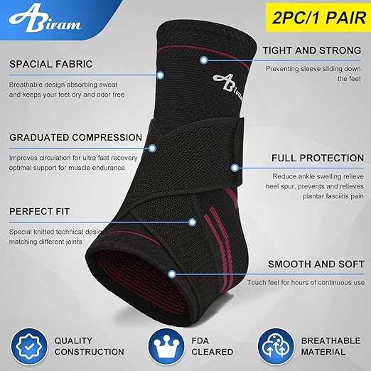 ABIRAM Ankle Brace for Women & Men, Ankle Compression Sleeve with Wrap, Foot Support Sleeve, Ankle Support for Sprained Ankle, Plantar Fasciitis Relief Socks, Achilles Tendonitis, Sports, M